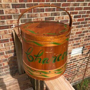 Handcrafted Mid Century Basket Bucket Made of Wood Staves Excellent Condition